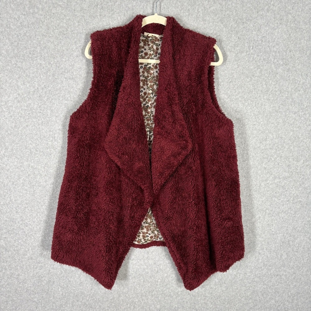 Sherpa Teddy Vest Medium Burgundy Drape Pockets Soft Fuzzy Boho Cozy Western